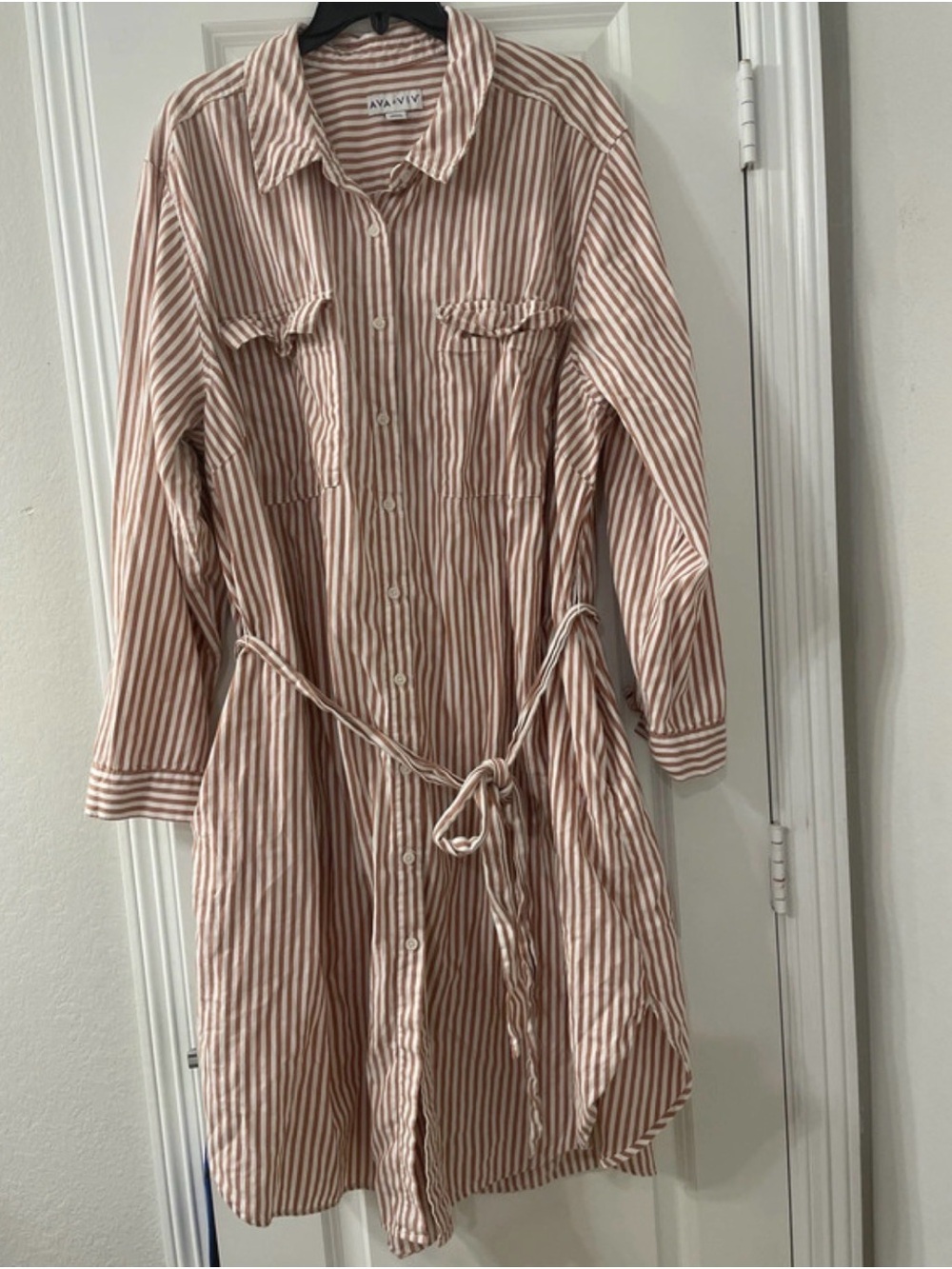 Ava & Viv Striped Long Sleeve Button-Front Shirt Dress in Blush and White